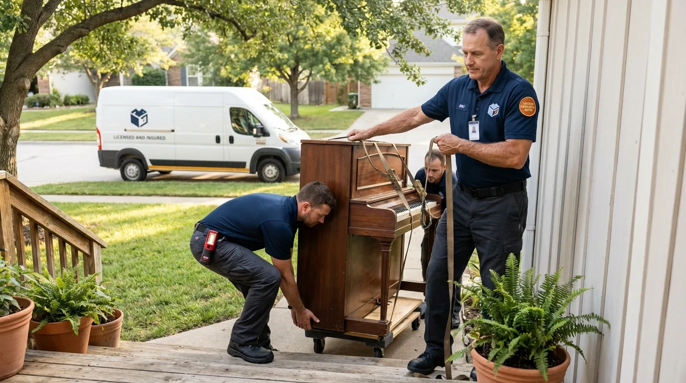 Licensed piano movers securing grand piano in Malverne, NY