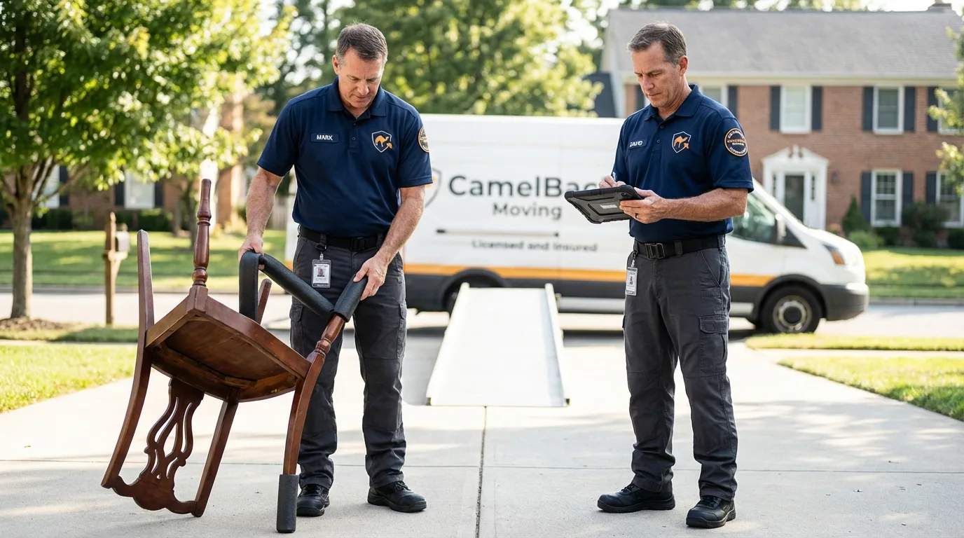 Movers inspecting furniture for damage prevention before loading in Malverne, NY