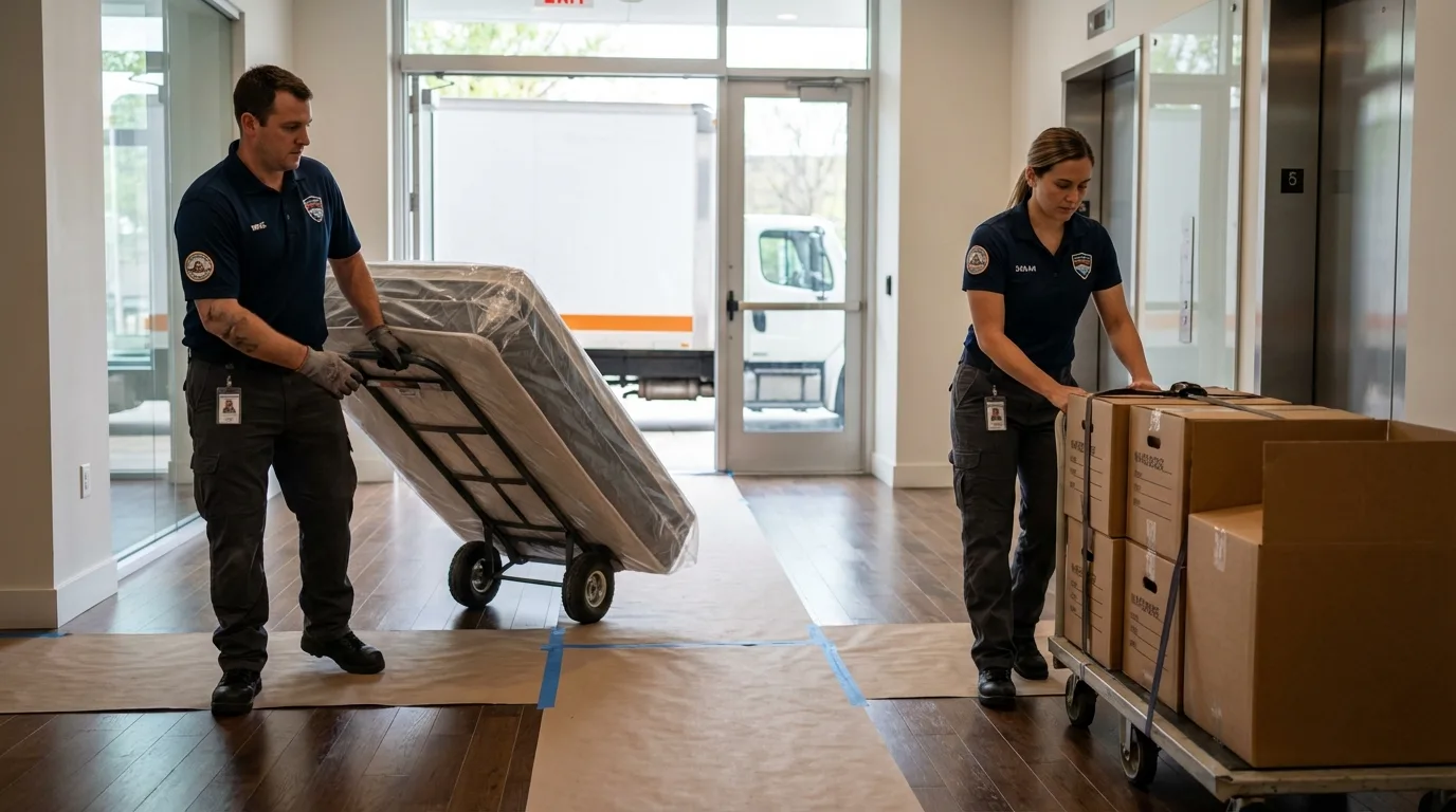 Professional apartment movers loading elevator in Malverne, NY